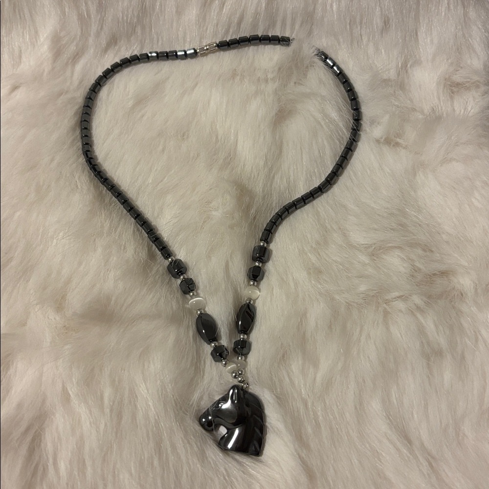 Black Beaded Horse Pendant Necklace